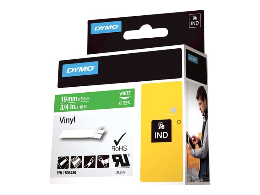 Dymo Tape RhinoPRO Permanent Vinyl 19mm Hvit/Grønn