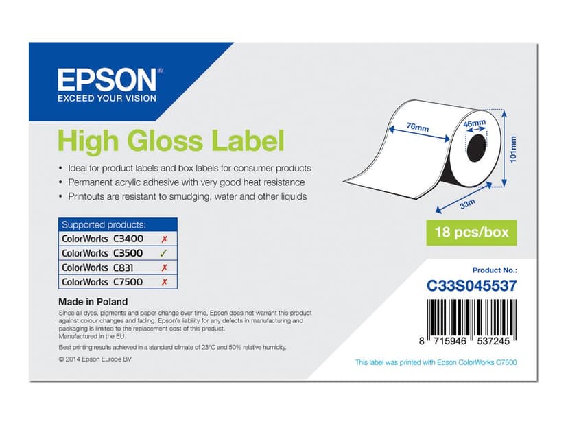 Epson Etiketter High Gloss Løpende lengde 76 mm x 33 m – TM-C3500