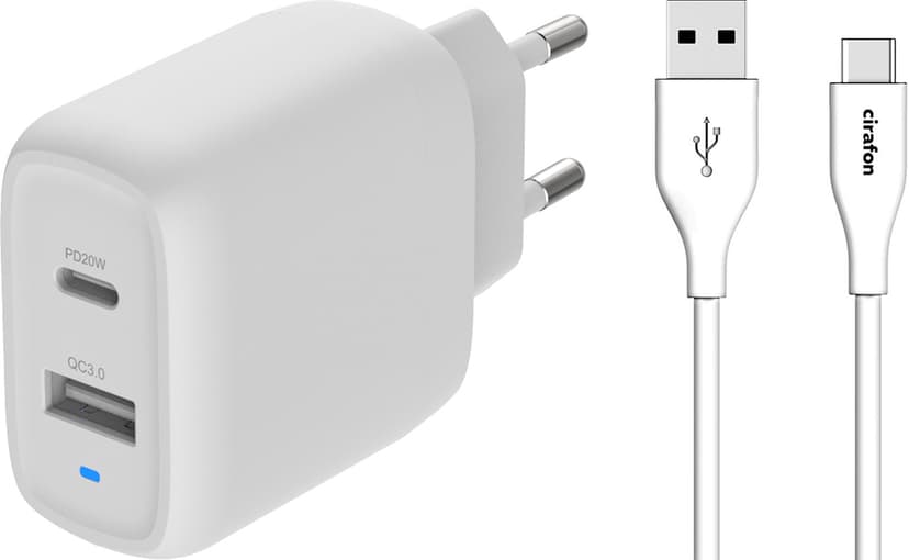 Cirafon USB-C til USB-A lader og kabel sett Hvit