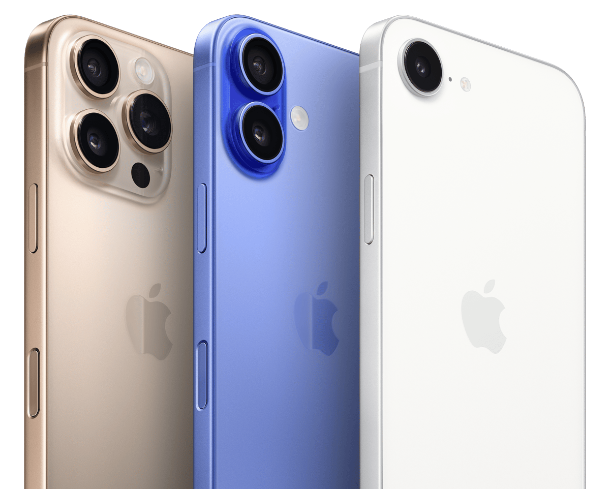 iphone16e,16,16 PRO phones lined up