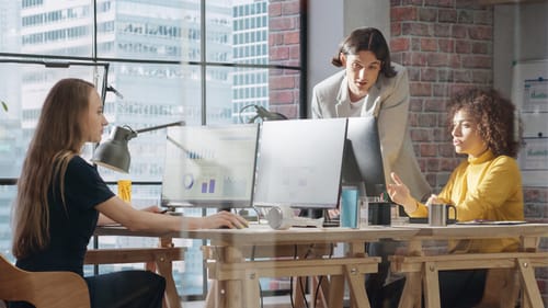 In een moderne kantoorruimte werken drie collega’s samen aan bureaus met computermonitoren met daarop grafieken; op de achtergrond grote ramen met stadsgezicht.