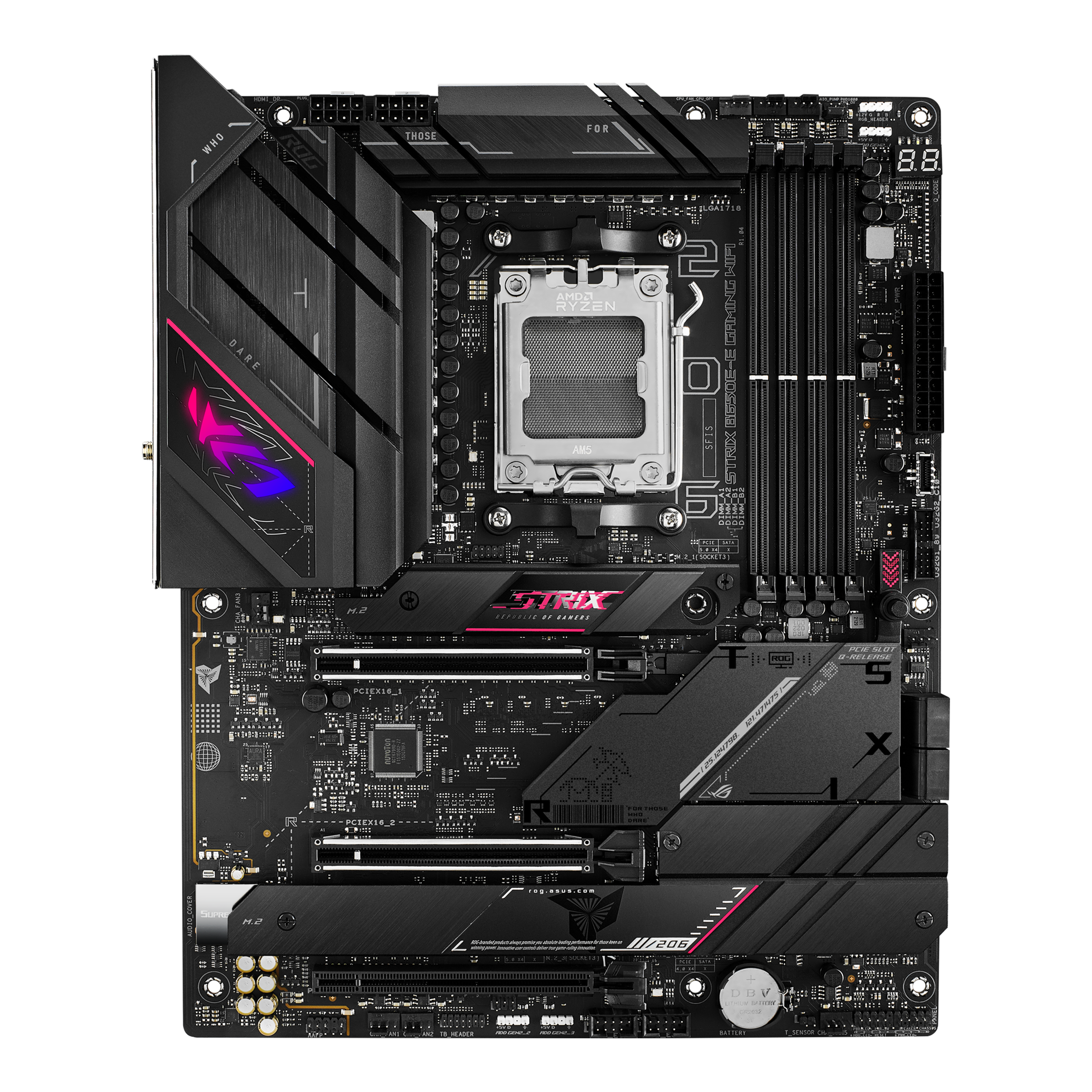 ASUS ROG Strix B650E-E Gaming WiFi - Hovedkort - ATX - Socket AM5 - AMD B650 Chipset - USB-C 3.2 Gen 2x2, USB-C 3.2 Gen2, USB 3.2 Gen 2, USB 3.2 Gen 1 - 2.5 Gigabit LAN, Wi-Fi 6, Bluetooth - innbygd grafikk (CPU kreves) - HD-lyd (8-kanalers)