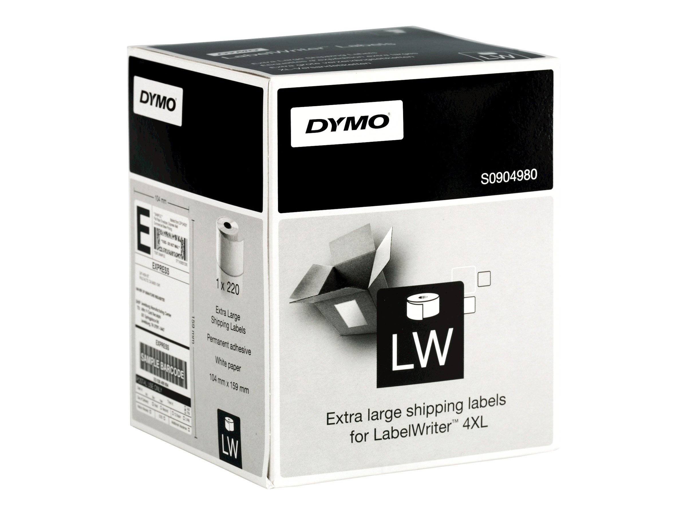 DYMO LW ekstra store forsendelsesetiketter, 104mm x 159mm, Ruller med 220 stk., sort på hvit