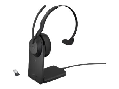 Jabra Evolve2 55 MS Mono - Hodesett - on-ear - Bluetooth - trådløs - aktiv støydemping - USB-A via Bluetooth-adapter - svart - med ladestativ - Zoom Certified, Cisco Webex Certified, Tencent Meeting Certified, Alcatel-Lucent Certified, Avaya Certified, Unify Certified, MFi Certified, Google Meet Certified, Amazon Chime Certified