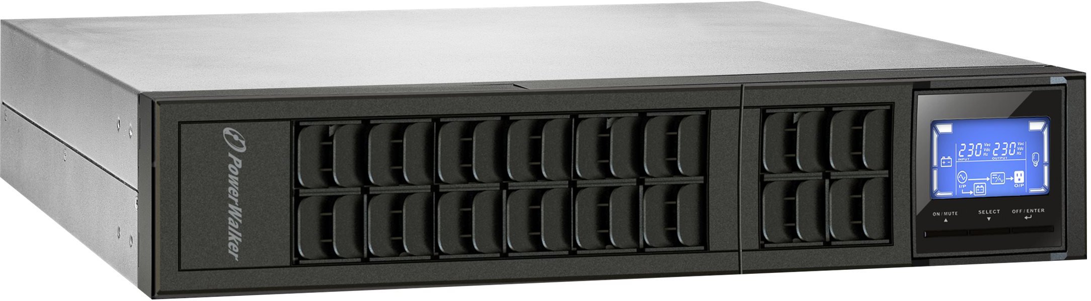 PowerWalker VFI 2000CRM LCD - UPS (rackmonterbar/ekstern) - 1600 watt - 2000 VA - 9 Ah - RS-232, USB - utgangskontakter: 4 - 2U - 19 - svart
