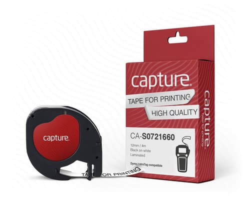Capture - Plast - laminated - svart på hvitt - Rull (1,2 cm x 4 m) 1 kassett(er) hengeboks - merketape (alternativ for: DYMO S0883990, DYMO S0721660)