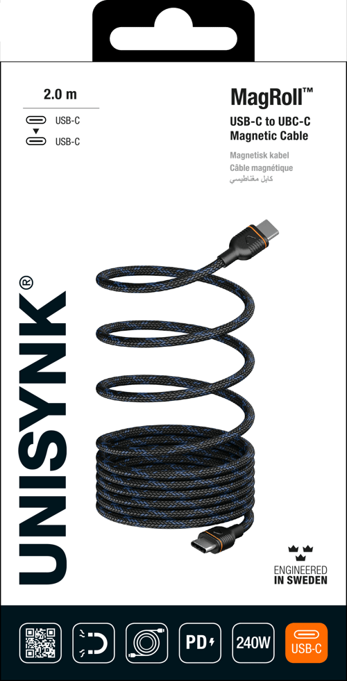 Unisynk Magnetic Usb-c To Usb-c Cable 240w 2m Usb C Usb C Svart