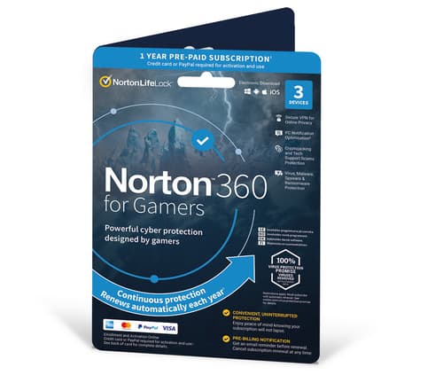 Nortonlifelock Norton 360 For Gamers 50gb Nordisk 1-användare 3-enheter 1 År Box 12månad(er) Prenumeration