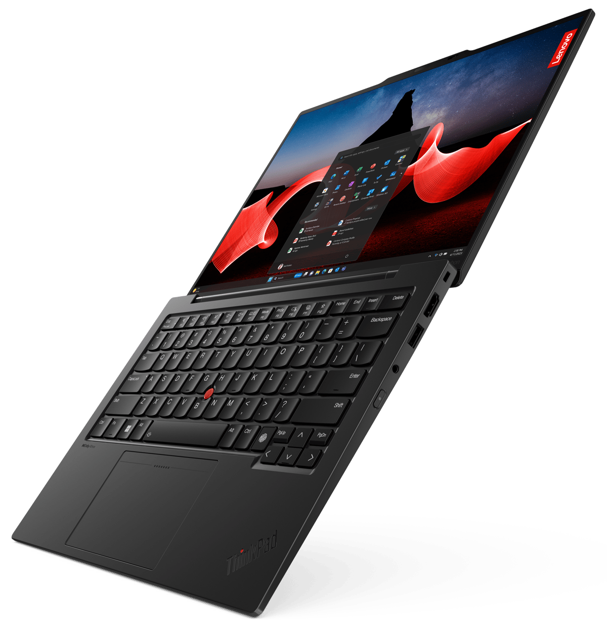Lenovo Thinkpad with red start screen 180 deg open