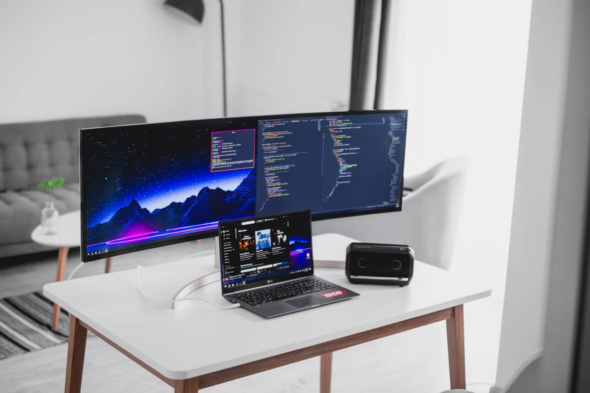 desk set up with an lg ultrawide