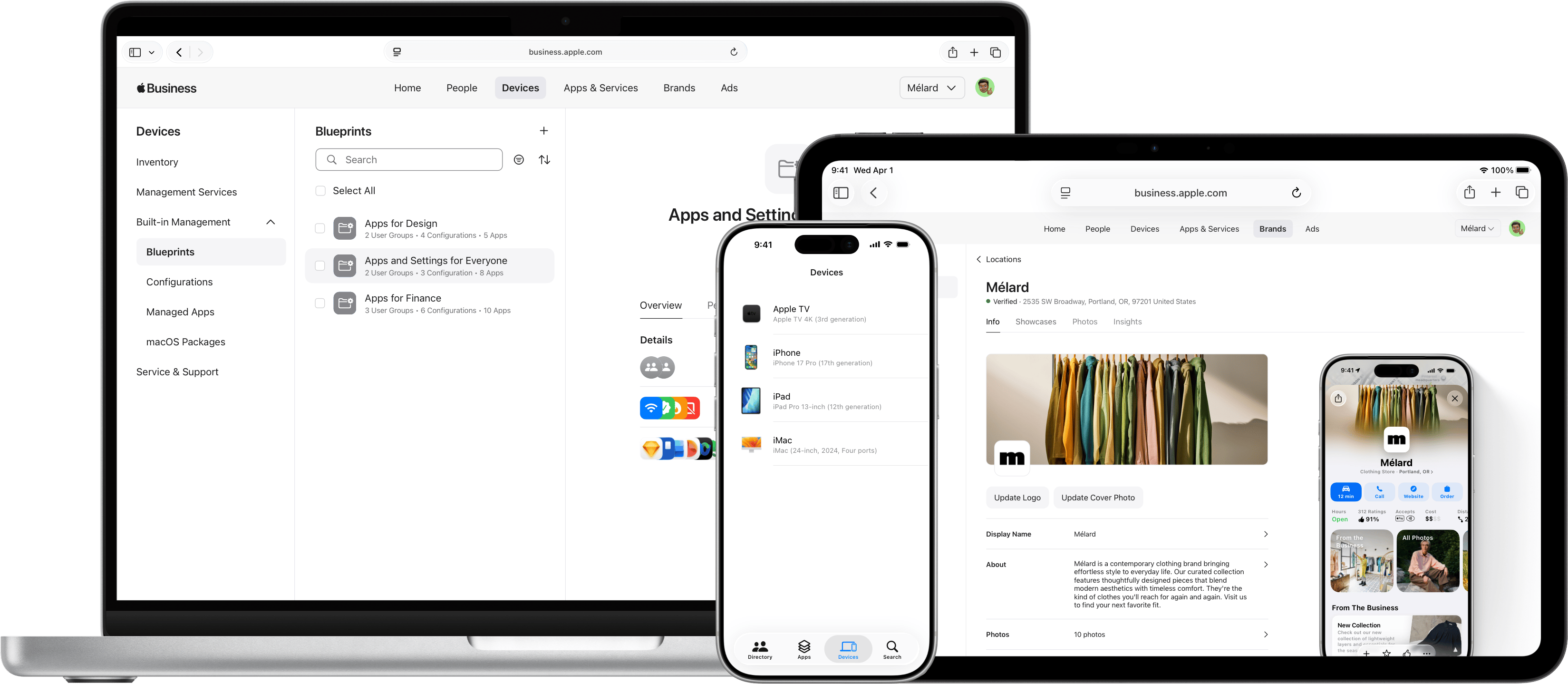 Et nettbrett, en bærbar datamaskin og en mobiltelefon viser Apple Business på skjermene sine
