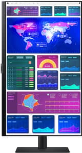 Een afbeelding van een Samsung Viewfinity-monitor die naar portretmodus is gedraaid. Op het scherm zijn een wereldkaart en verschillende gekleurde grafieken en statistische tabellen zichtbaar.