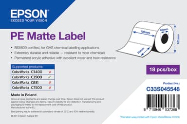 Epson Labels Prem Matt Die-Cut 102mm x 76mm - C3500 