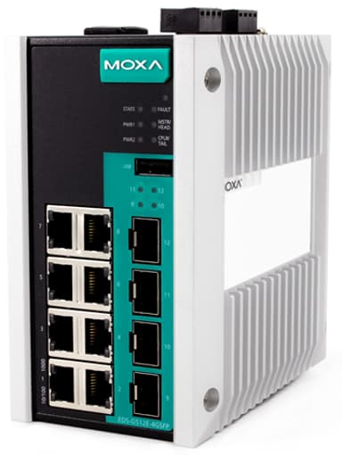 Moxa EDS-G512E-8POE-4GSFP 12-porttinen teollisuustason ei-hallittu PoE-kytkin 