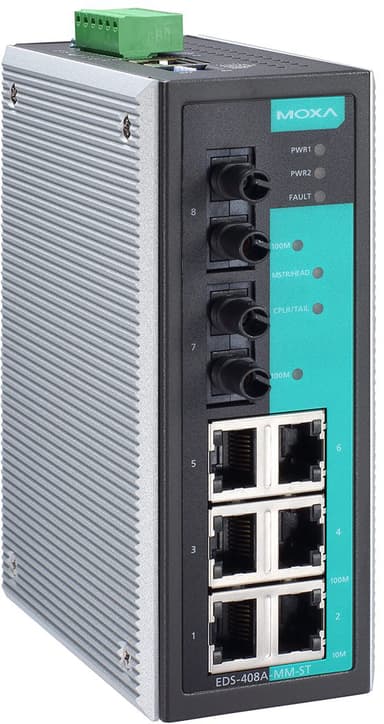 Moxa EDS-408A MM-ST -8-porttinen hallittu teollisuustason Ethernet-kytkin 