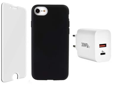Cirafon Aloituspakkaus, jossa laturi/lasi/kotelo iPhone 7 iPhone 8 iPhone SE (2020) iPhone SE (2022) Läpinäkyvä Valkoinen
