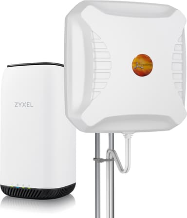 Zyxel Paketti, joka sisältää Zyxel Nebula NR5101 -reitittimen ja Poynting XPOL-2-5G -antennin 