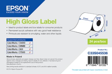 Epson Etiketter High Gloss Løpende lengde 51 mm x 33 m – TM-C3500 