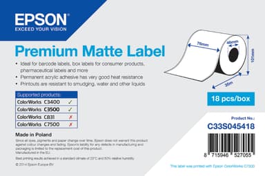 Epson Premium Matte Label Continuous -rulla, 76mm x 35 m – TM-C3400 