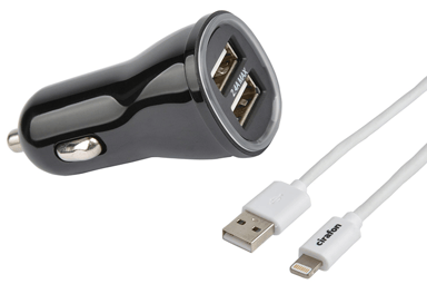 Cirafon Billaddare 2,4Amp 2xUSB + Kabel Lightning 1m 