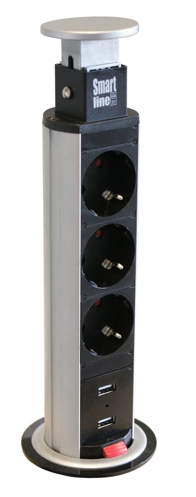 Kondator Smartline Popup Jack 3Xcee 7/4/2xUSB, 1,5m Kabel, Svart/Sølv 