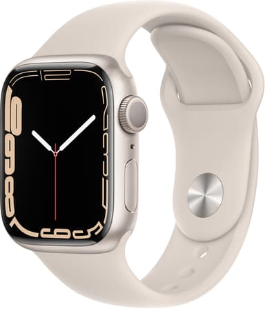 Apple Watch Series 7 GPS, 41 mm Urkasse i aluminium i farven stjerneskær med Starlight sportsrem 
