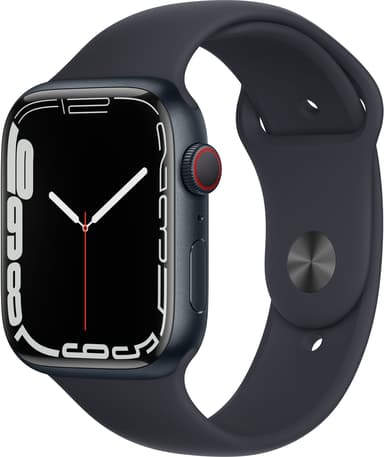 Apple Watch Series 7 GPS + Cellular, 45 mm Urkasse i aluminium i farven midnat med midnat sportsrem 