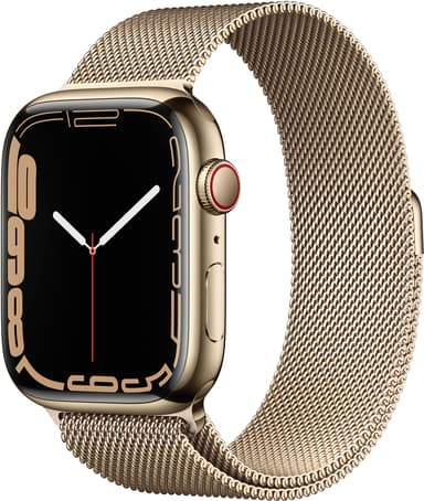 Apple Watch Series 7 GPS + Cellular, 45 mm Urkasse i guldfarvet rustfrit stål med guldfarvet milanorem 