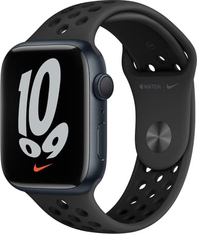 Apple Watch Nike Series 7 GPS + Cellular, 45 mm Urkasse i aluminium i farven midnat med antracit/sort Nike sportsbånd 