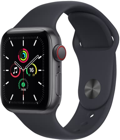 Apple Watch SE GPS + Cellular, 40 mm Space Grey Aluminium Case med sportsrem i farven midnat 