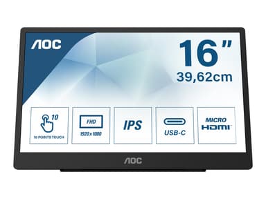AOC 16T2 15.6" FHD IPS 16:9 Batteridrevet touchskærm 1920 x 1080 