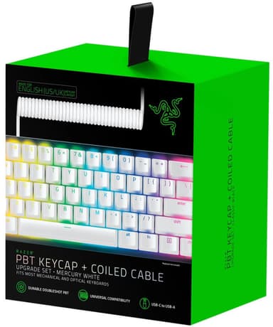 Razer PBT Keycap + Coiled Cable Upgrade Set - Mercury White Sats med tangenthättor 