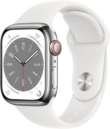 Apple Watch Series 8 GPS + Cellular, 41mm Silver Stainless Steel Case with White Sport Band 