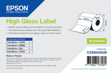 Epson Etiketter High Gloss Die-Cut 102x51mm - TM-C3500 