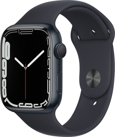 Apple Watch Series 7 GPS, 45 mm urkasse i aluminium i farven midnat med midnat sportsrem 