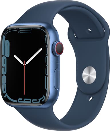 Apple Watch Series 7 GPS + Cellular, 45 mm Urkasse i blåt aluminium med Abyss Blue sportsrem 