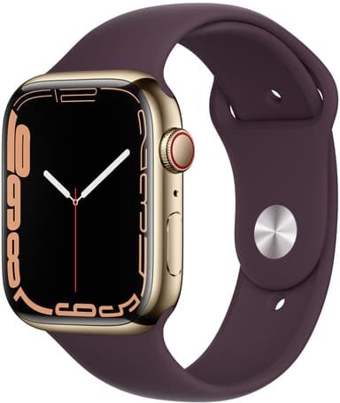 Apple Watch Series 7 GPS + Cellular, 45mm Gold Stainless Steel Case with Dark Cherry Sport Band 