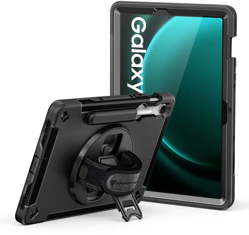 Armor-x Rainproof Military Grade Rugged Case With Hand Strap And Kick-stand Samsung Galaxy Tab S10 Fe, Samsung Galaxy Tab S9 Fe Musta