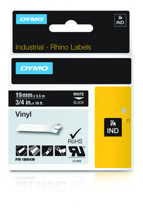 Dymo Tape Rhinopro Permanent Vinyl 19mm Hvid/sort billede