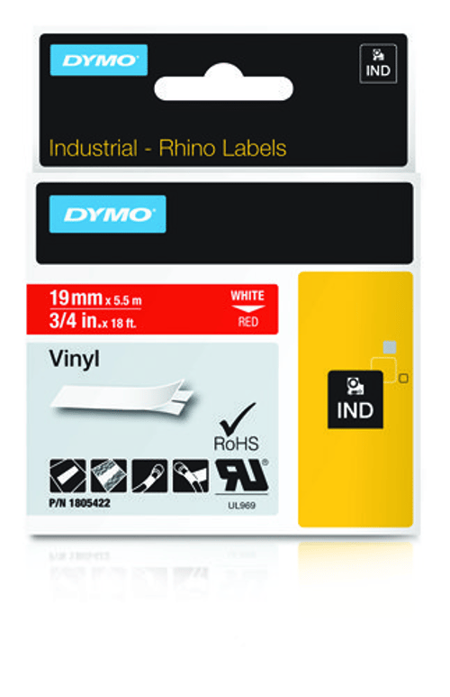 Dymo Tape Rhinopro Permanent Vinyl 19mm Hvid/rød billede