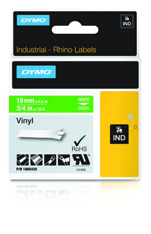 Dymo Tape Rhinopro Permanent Vinyl 19mm Hvid/grøn billede