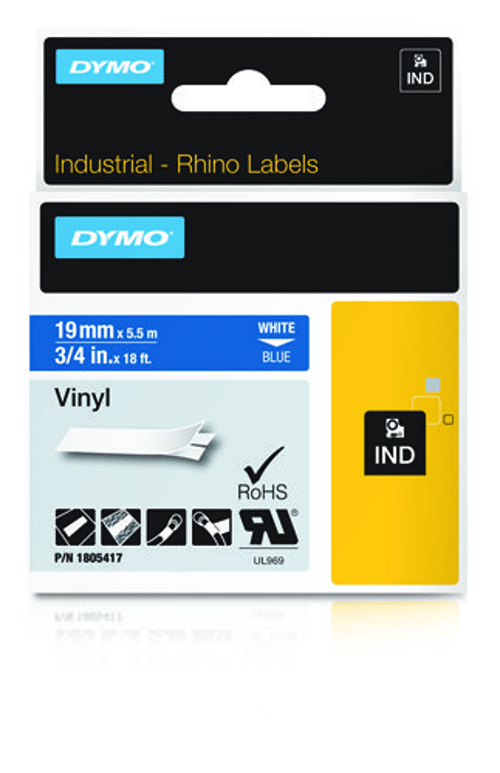 Dymo Tape Rhinopro Permanent Vinyl 19mm Hvid/blå billede