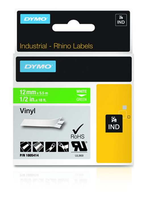 Dymo Tape Rhinopro Permanent Vinyl 12mm Hvid/grøn billede