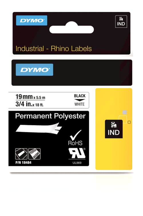 Dymo Tape Rhinopro Permanent Polyesterester 19mm Sort/hvid billede