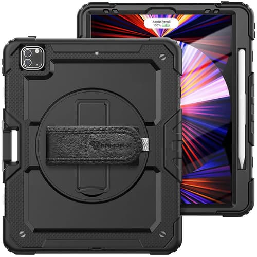 Armor-x Rainproof Military Grade Rugged Case With Hand Strap And Kick-stand Ipad Pro 12.9"" 3rd Gen, Ipad Pro 12.9"" 4th Gen, Ipad Pro 12.9"" 5th Gen, Ipad Pro 12.9"" 6th Gen Svart