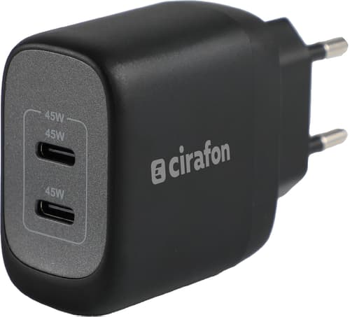 Cirafon 45w Usb-c Reisekontakt Med 2 Porter – Hurtiglading Svart