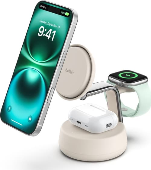 Belkin Ultracharge Pro 25w Qi2 3in1 Magnetic Charger 1.5m Hvid billede