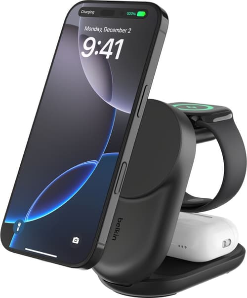 Belkin UltraCharge wireless charging stand - 3-in-1 magnetic foldable with Qi2 - + AC power adapter - 25 Watt