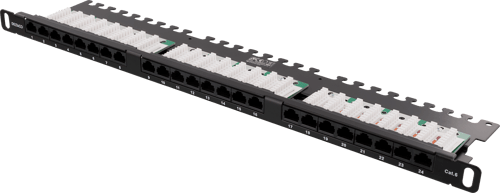 Deltaco Utp Kytkentäpaneeli 24xrj45, Cat6, 0,5u, 19", Kaapelituki Musta Cat 6 0.5u