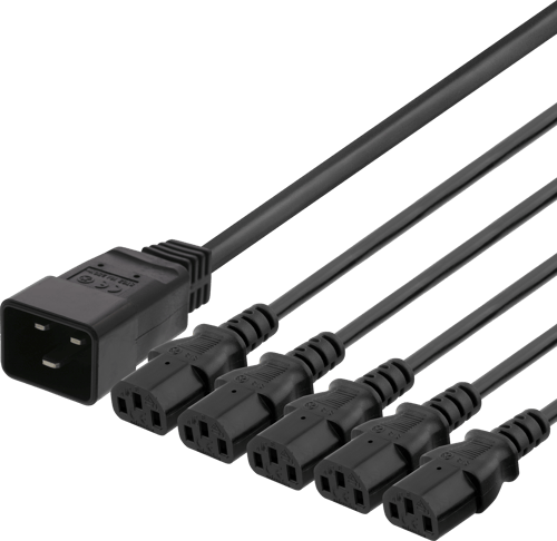 Deltaco Iec C20 Til 5x Iec C13 Strømkabel, 2m, 16a/250v, Y-splitter, Sort 2m. C20 C13 Sort billede